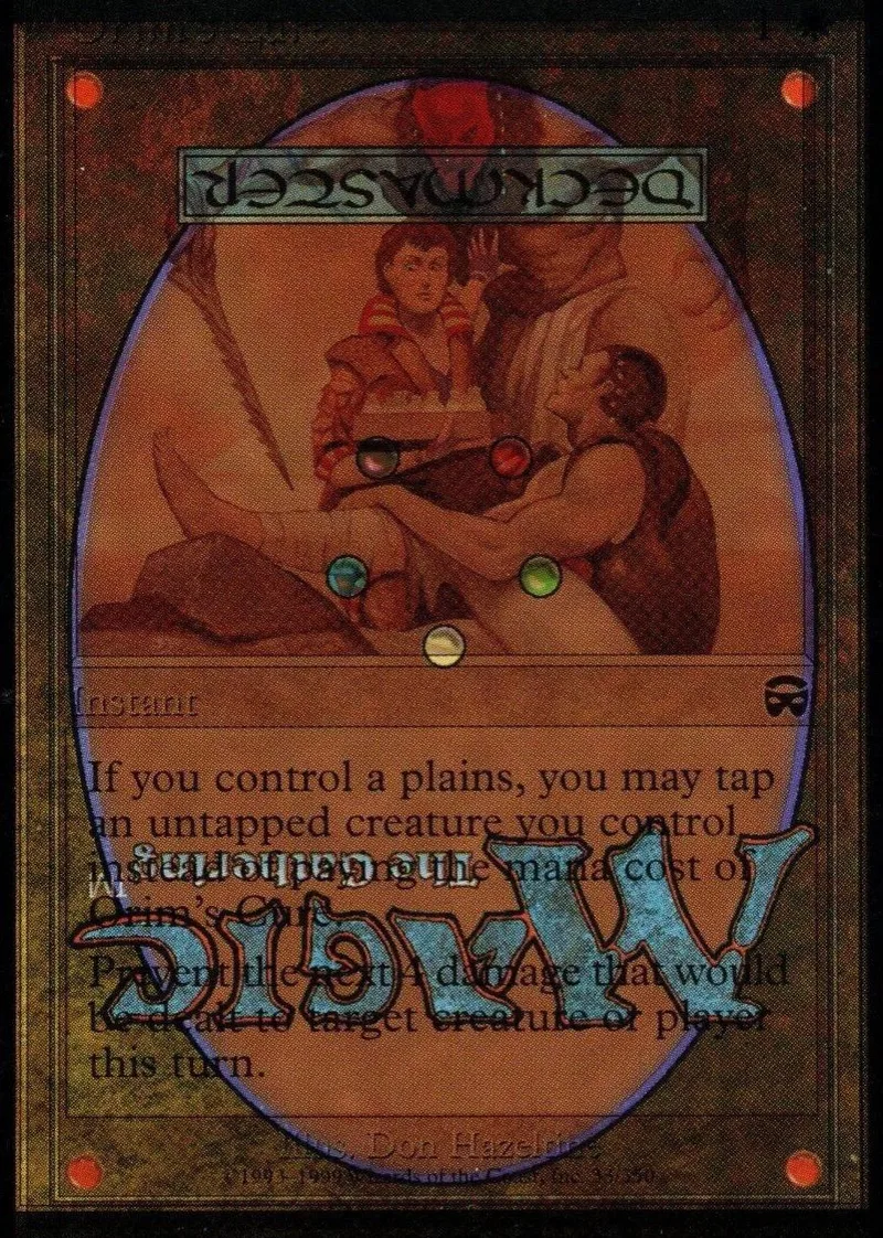 Fantasy art card featuring two figures, orange and brown tones, with printed text.