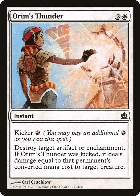 Card art shows warrior figure against fiery, orange background. "Orim's Thunder" spell.