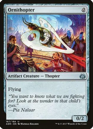 Ornithopter card art: flying mechanical creature over figures in a fantasy setting.