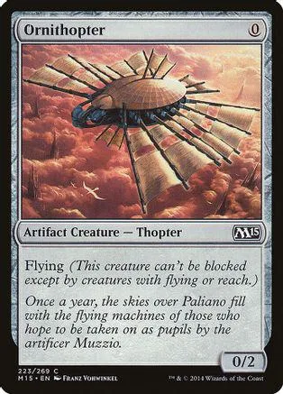 Card art of a mechanical flying device against a reddish, cloudy sky.
