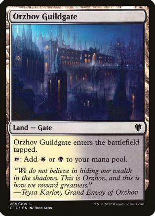 Blue and purple fantasy city scene on a Magic: The Gathering land card.