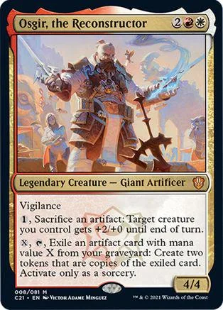 Giant artificer creature card, dark armor, blue energy, on a collectible card.