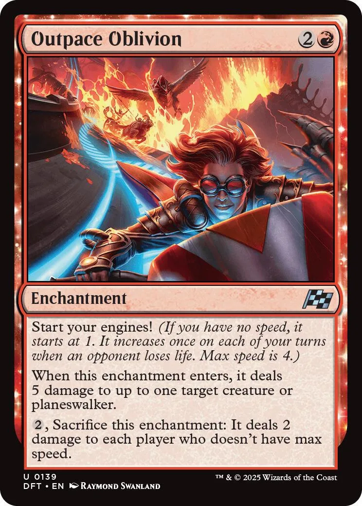 Red-haired figure in armor amidst fire on a Magic: The Gathering card.