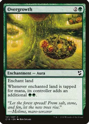 Green forest scene on a card titled "Overgrowth." Enchantment Aura card.