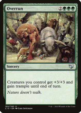 Card art shows forest scene with large animals. Text reads "Overrun.