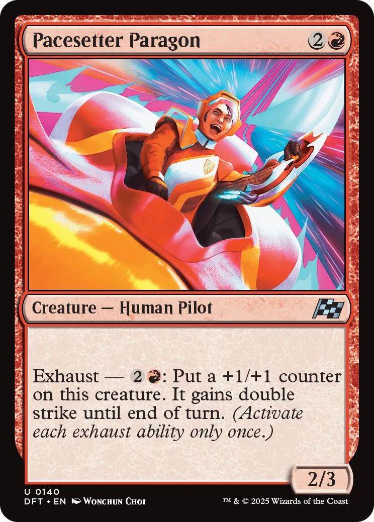 Card art shows man in orange flight suit in colorful vehicle. Pacesetter Paragon.