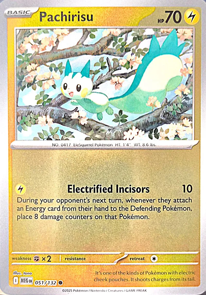 Pachirisu Pokémon card art: white and blue creature among pink blossoms.
