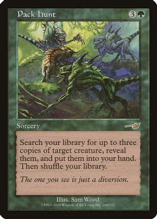 Green, monstrous creature attacks in a dark, jungle-like scene on a card.