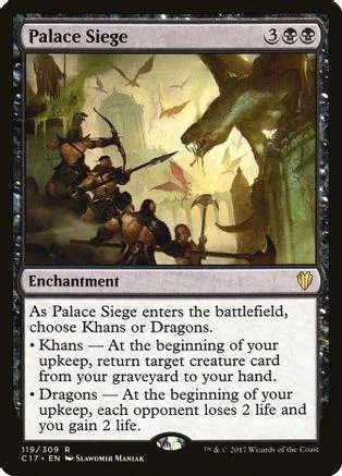 Magic: The Gathering card, Palace Siege, showing a dark, battle scene.