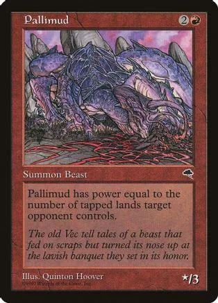 Purple, monstrous creature on a dark, rocky landscape. Magic: The Gathering card.