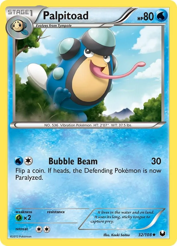 Blue and yellow Palpitoad Pokémon card, holographic art, showing the creature.