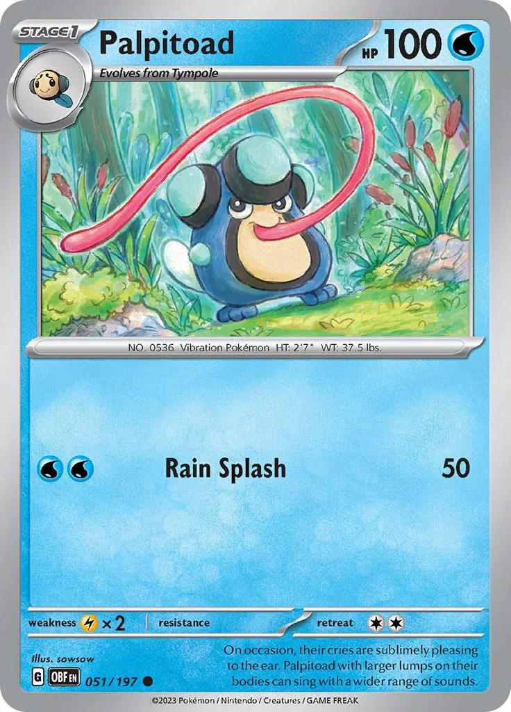 Blue and black Pokémon card featuring a small, round creature in a green landscape.