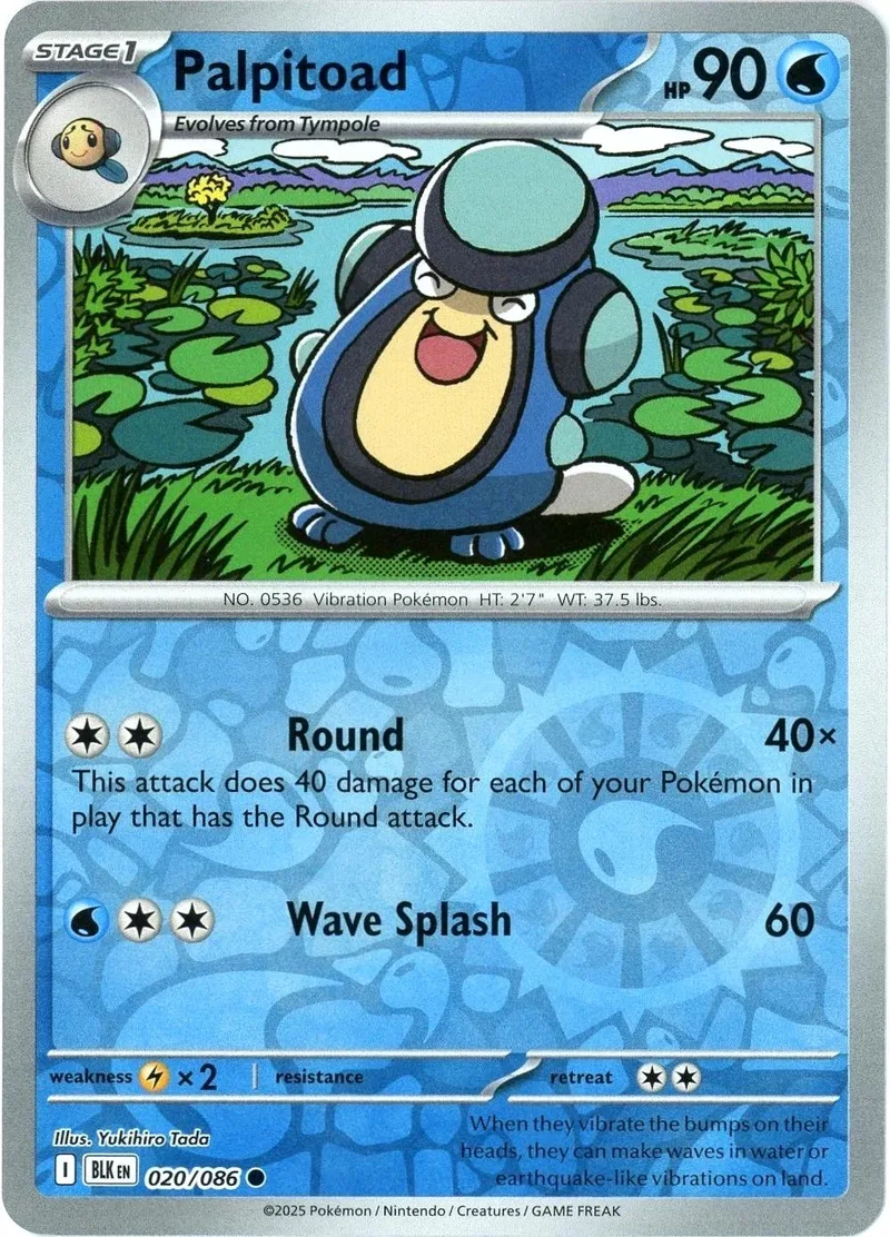 Blue and black Pokémon card featuring a round creature in a green landscape.