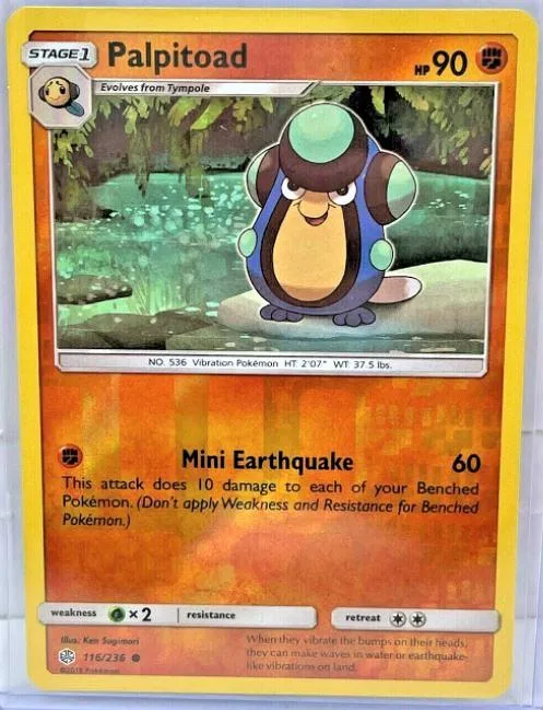 Stage 1 Palpitoad Pokémon card, green and brown, showing a turtle-like creature.