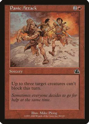 Fantasy art card showing three figures running across a snowy landscape.