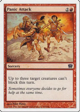 Fantasy battle scene on Magic: The Gathering card, Panic Attack, orange tones.