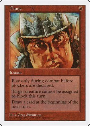 Card art depicts a fierce face wearing a helmet, titled "Panic.