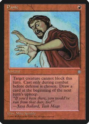 Man with wild expression, red robe, on a blue background. Magic: The Gathering card.