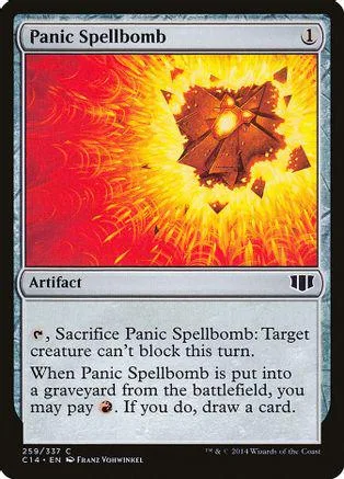 Card art shows fiery explosion. Panic Spellbomb artifact card.