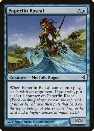 Green merfolk rogue on a wave, card art, showing creature stats and ability text.