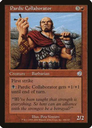 Barbarian creature card art: bearded man in red and grey armor, holding weapon.