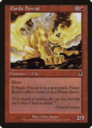 Firecat creature card art, golden flames, brown border, visible text.