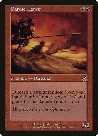 Warrior figure with spear on fiery landscape, Pardic Lancer card.