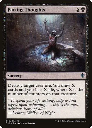 Dark fantasy art card featuring a figure on a rocky outcrop under a dim sky.