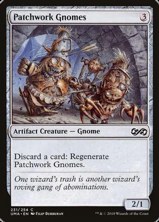Patchwork Gnomes Magic: The Gathering card art showing gnomes in a dark, wooded setting.