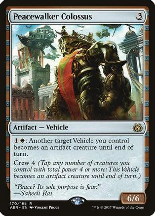 Large, dark armored vehicle on a fantasy landscape card.