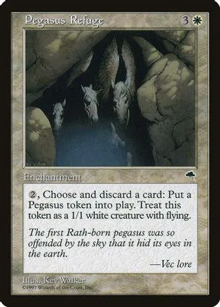 Dark fantasy scene with winged creatures in a rocky cavern on a Magic: The Gathering card.