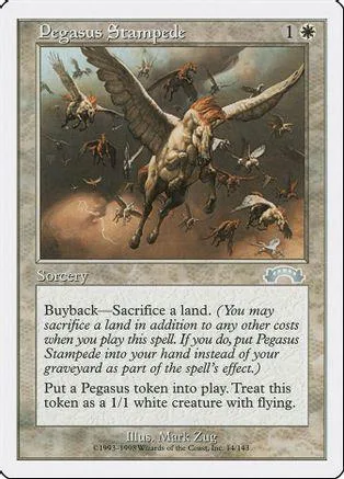 Large winged creature flies over dark landscape on a Magic: The Gathering card.