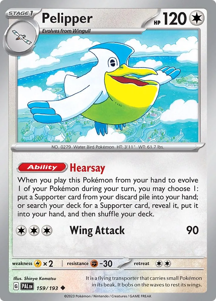Yellow and white bird Pokémon card, showing Pelipper with blue accents.