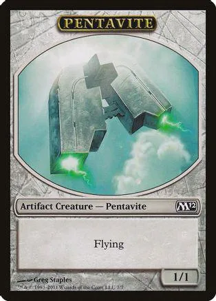 Silver and gray mechanical object with green energy on a card.