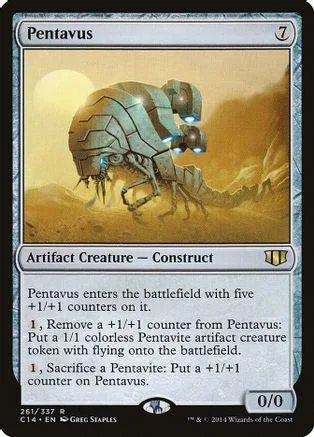 Blue-green mechanical insect creature card, Pentavus, on a collectible card.