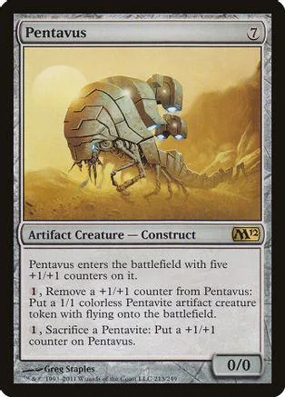 Metallic insect creature on tan landscape card. Black border, white text.