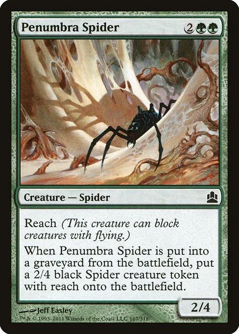 Black spider creature card art on a fantasy landscape background.