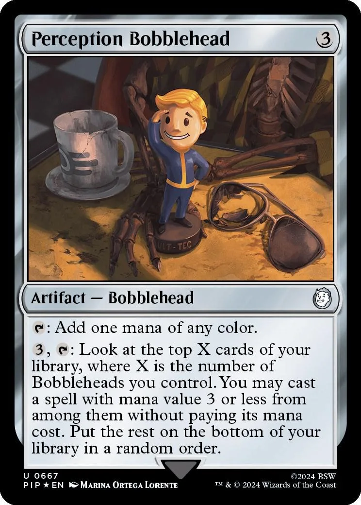 Bobblehead card art: smiling man in blue suit among bones and a mug.