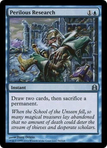 Card art shows bearded man in green cloak amidst dark, ruined city.