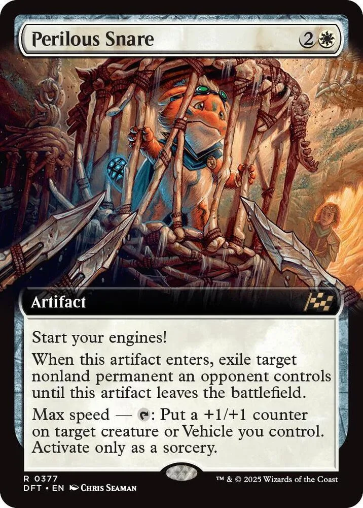 Card art shows orange creature in woven trap, titled "Perilous Snare.
