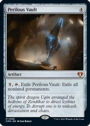 Dark, cosmic scene on a Magic: The Gathering card titled "Perilous Vault.