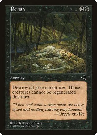 Green forest scene on a Magic: The Gathering card titled "Perish.