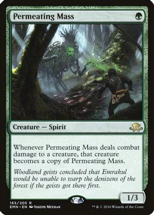 Dark forest spirit creature card, green and black, showing shadowy figures.