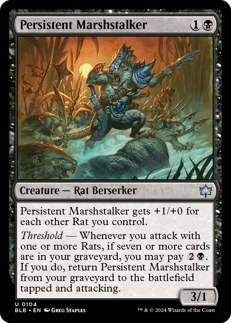 Green, blue, and brown fantasy creature card art, Persistent Marshstalker.