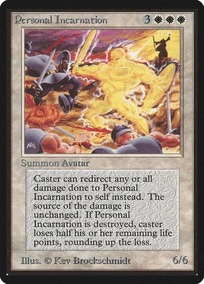 Yellow figure in battle against dark figures on a trading card.