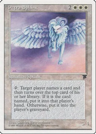 Blue and white sphinx creature card art, showing a winged lion figure.