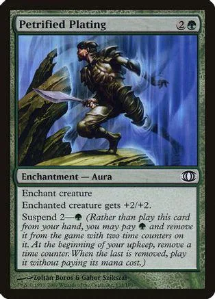 Dark warrior figure on a rock, blue and black card art, "Petrified Plating.