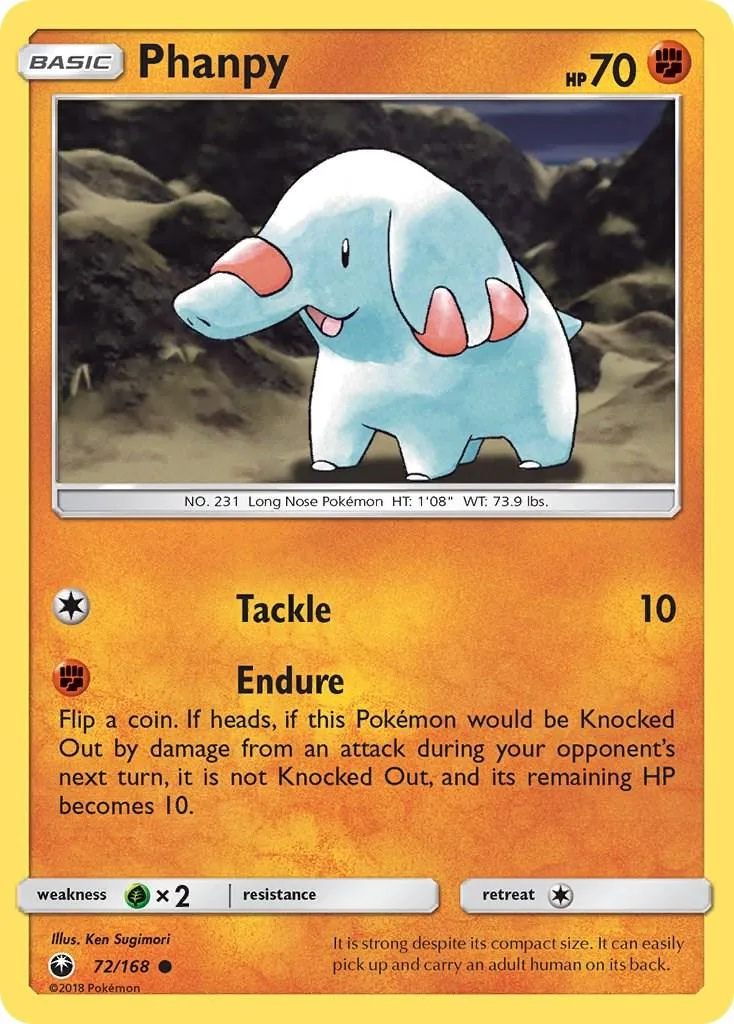 Light blue elephant Pokémon card, Phanpy, with orange border and black text.