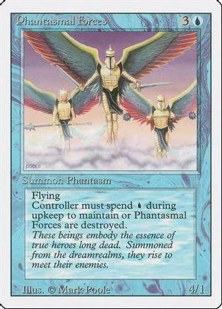 Winged, armored figures in a light blue and pink fantasy card.