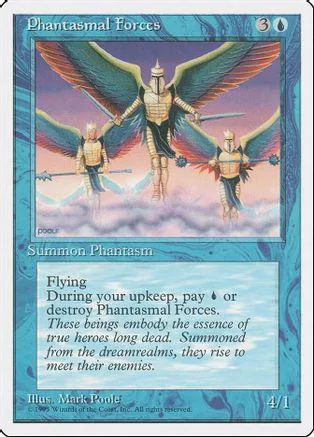 Winged, armored figures fly across a pastel sky on a Magic: The Gathering card.